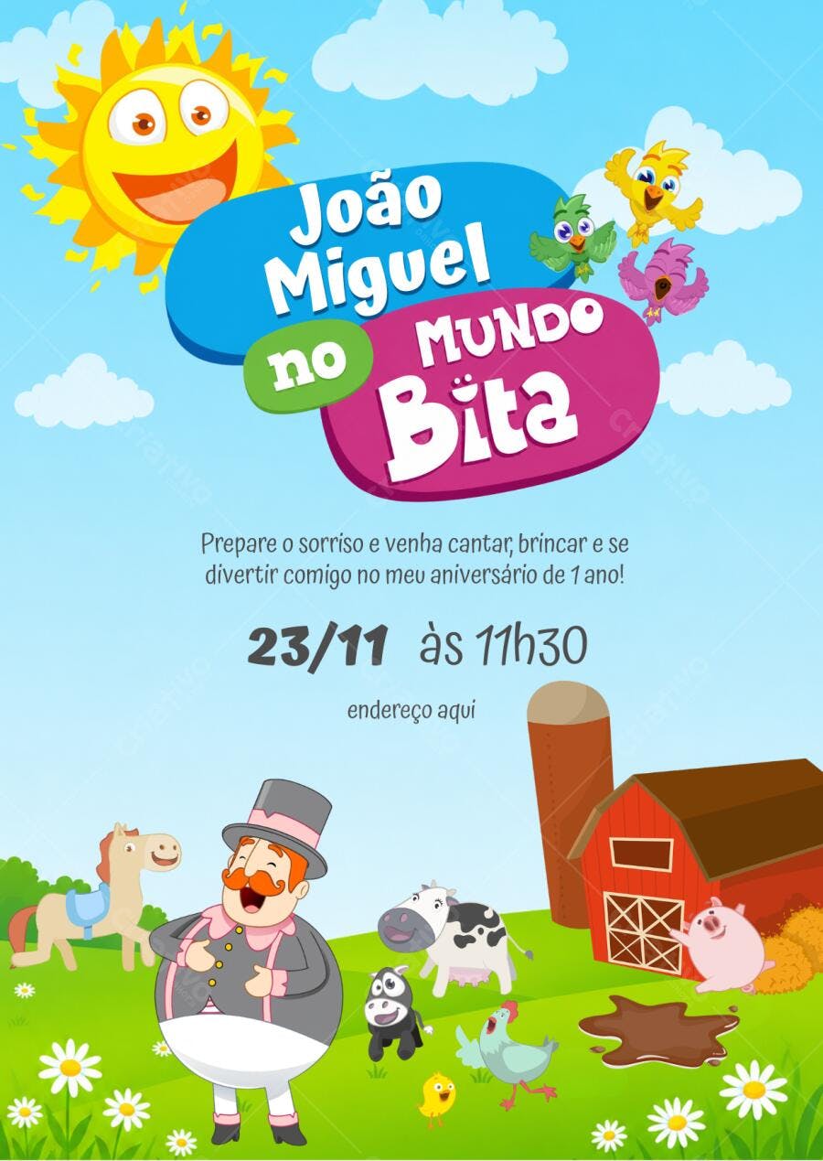 Convite Aniversário Mundo Bita Fazendinha 1 Ano Editável