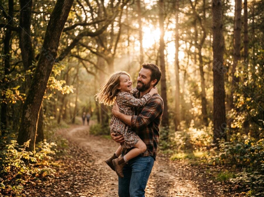 Foto Pai e Filha Brincando Floresta Iluminação Dourada