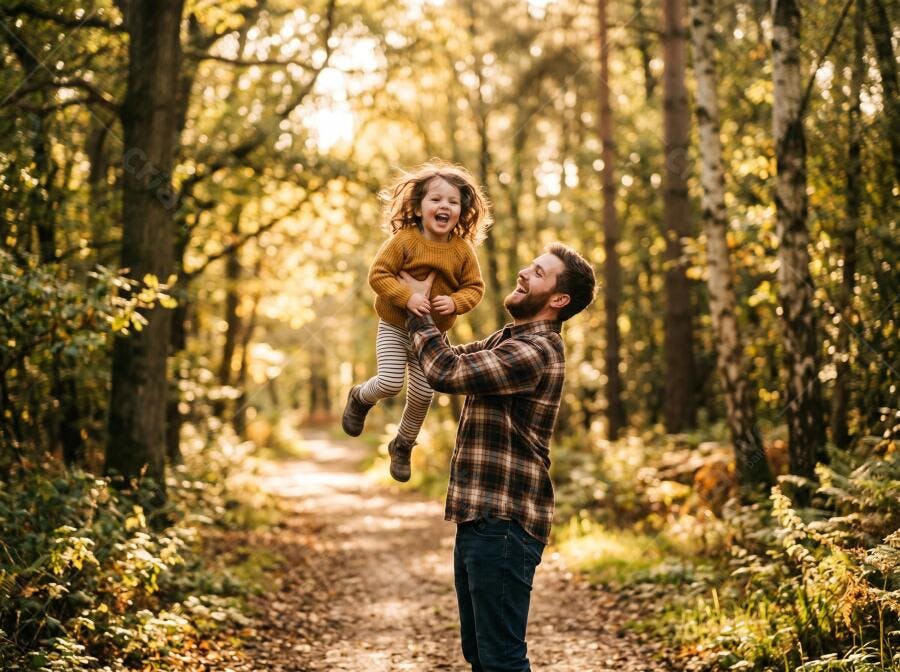 Foto Pai e Filha Brincando Floresta Outono Iluminação Dourada