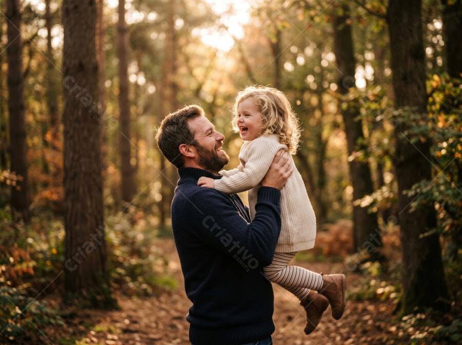 Foto Pai e Filha Brincando Floresta Outono Luz Dourada