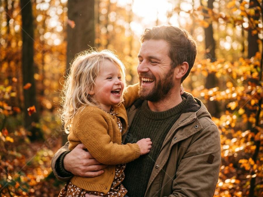 Foto Pai e Filha Rindo Abraçados Floresta Outono Dourado