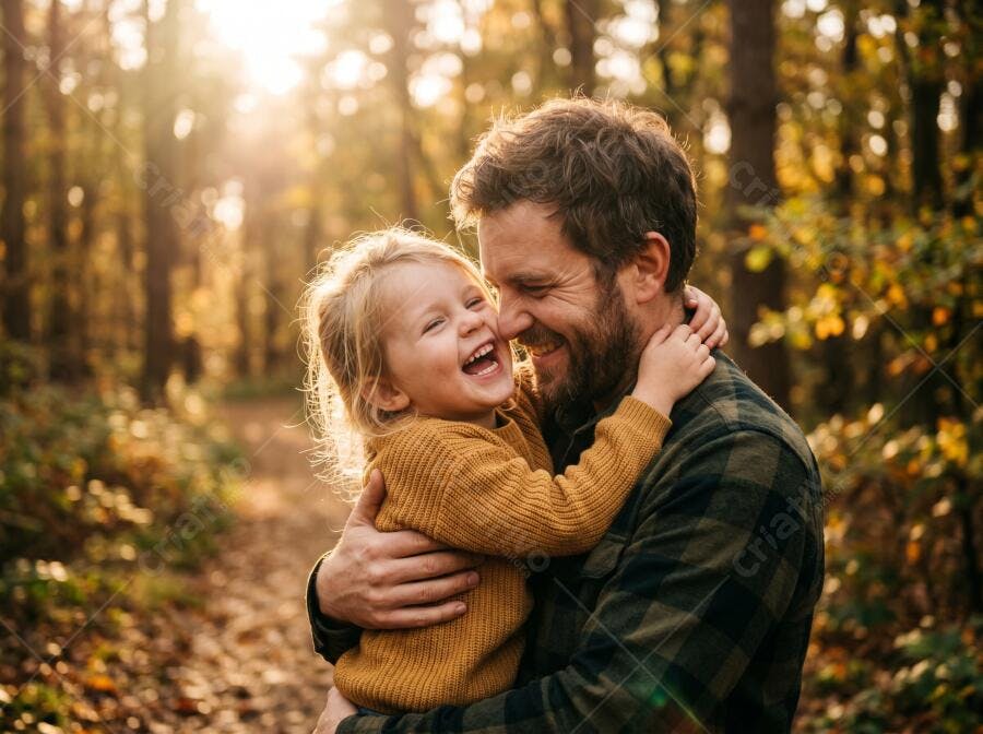 Foto Pai e Filha Rindo Abraçados Floresta Outono