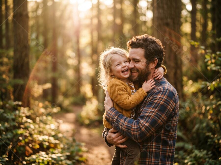 Foto Pai e Filho Abraçados Sorrindo Floresta Luz Dourada