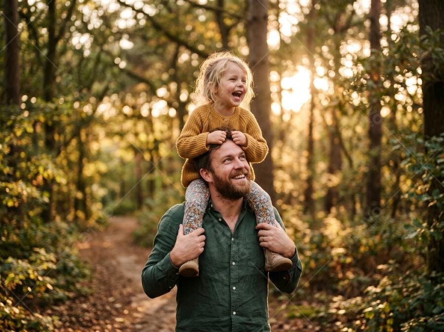 Foto Pai Filho no Ombro Floresta Dourada Outono