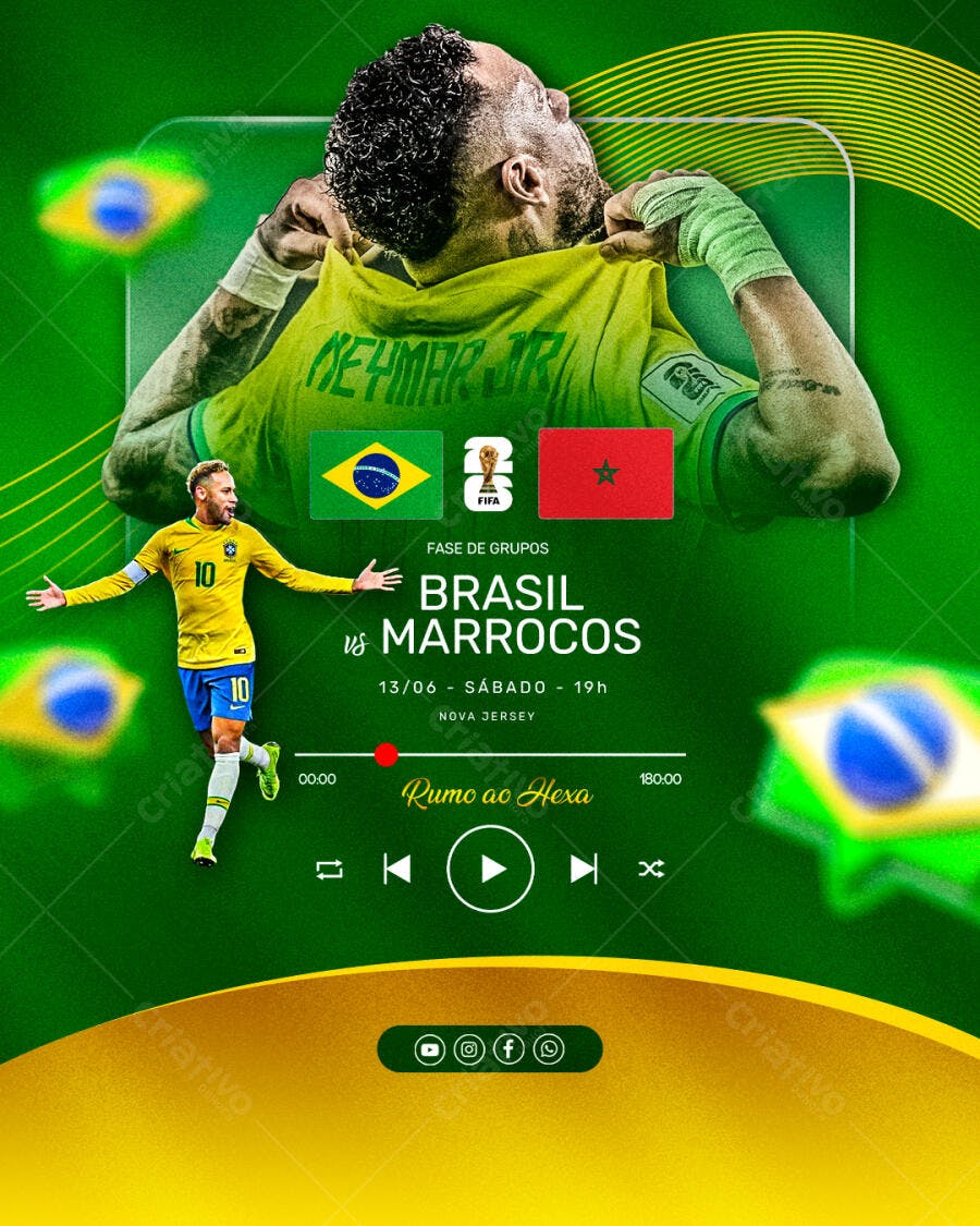 Post Instagram Jogo Brasil Marrocos Futebol PSD Editável