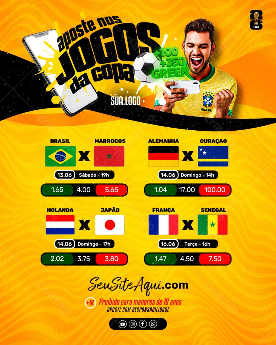 Post Instagram Jogos da Copa Apostas Esportivas PSD Editável