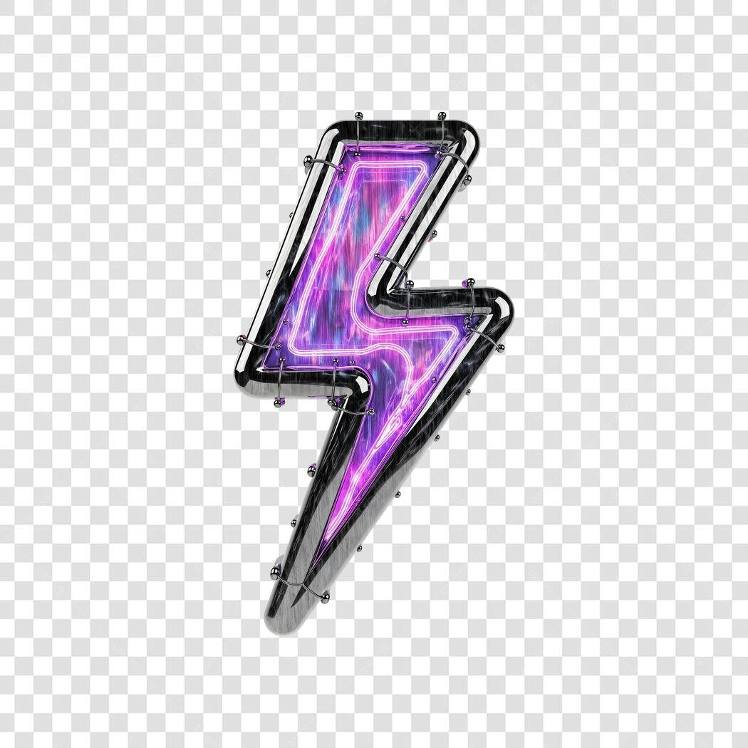 Elemento 3D Raio Neon Roxo Metálico PNG Fundo Transparente