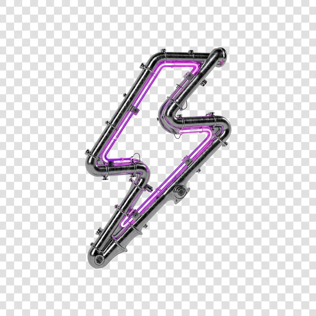 Elemento 3D Raio Neon Roxo Metálico PNG Fundo Transparente
