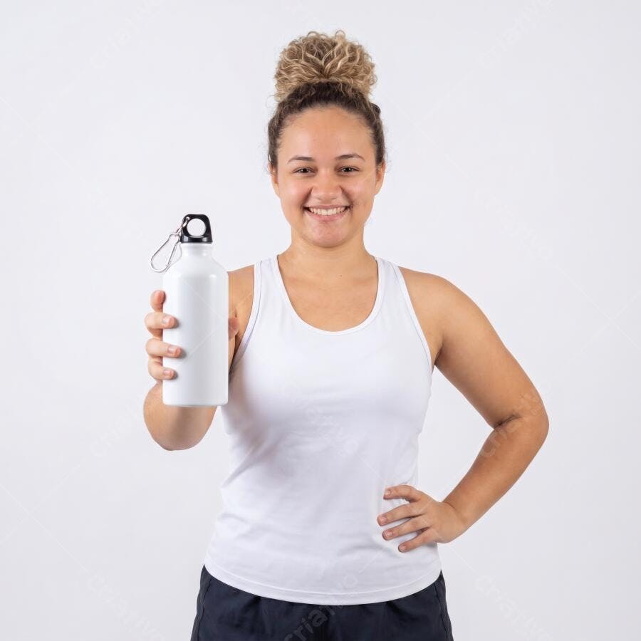 Foto Mulher Fitness Sorrindo Segurando Garrafa D'água Branca