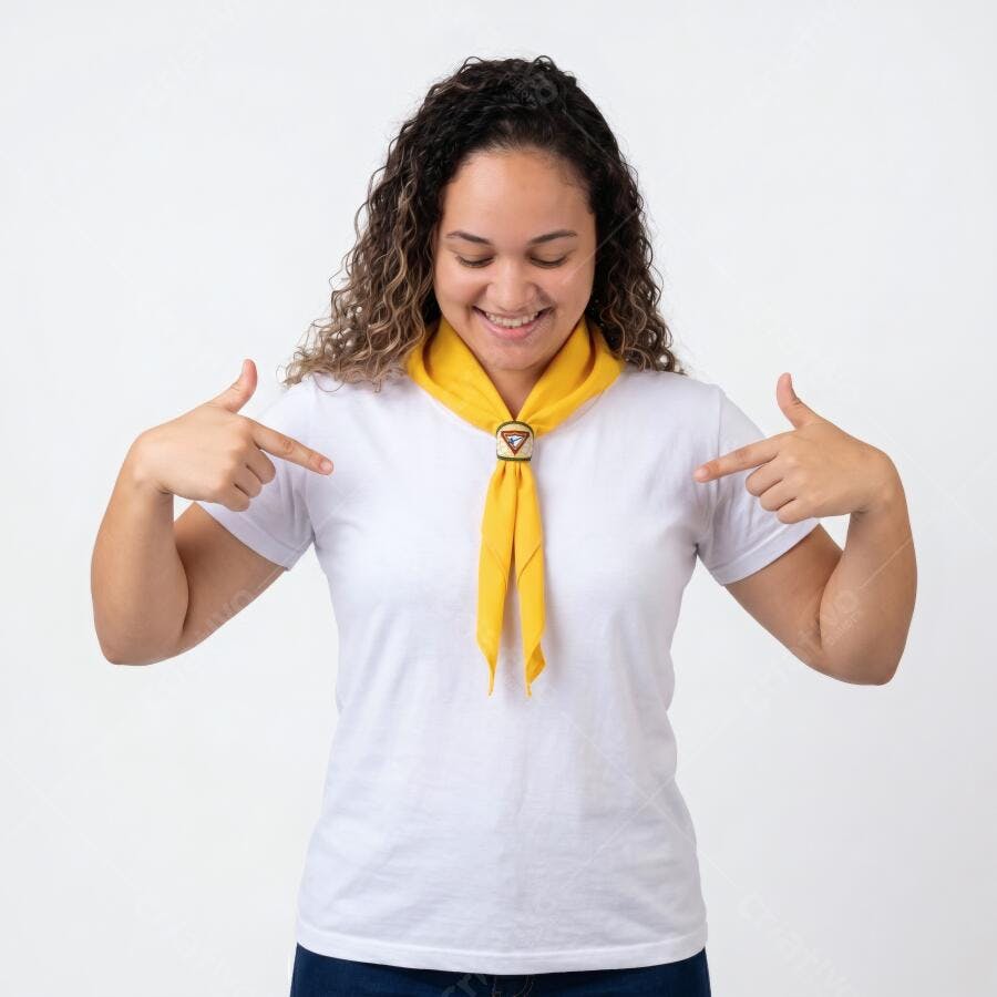Foto Mulher Jovem Apontando para Camiseta Branca Lisa Estúdio
