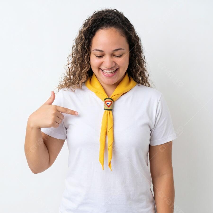 Foto Mulher Jovem Escoteira Apontando para Baixo Sorrindo
