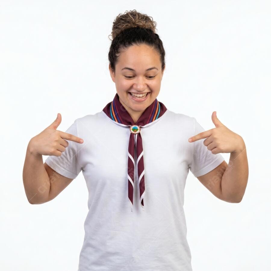 Foto Mulher Jovem Sorrindo Apontando para Baixo Camisa Branca