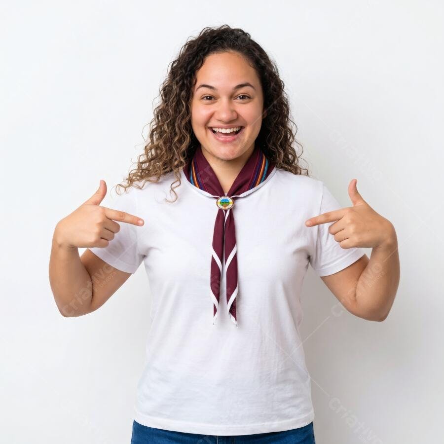 Foto Mulher Jovem Sorrindo Apontando para Si Mesma Fundo Branco