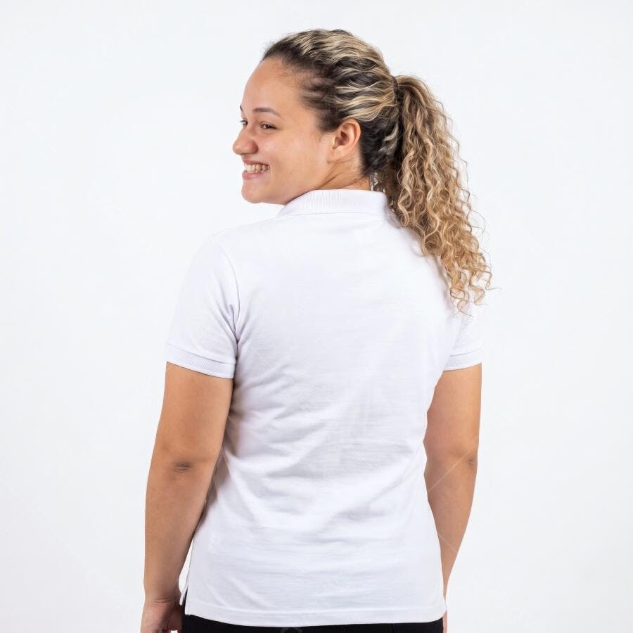 Foto Mulher Jovem Sorrindo Camisa Polo Branca Estúdio