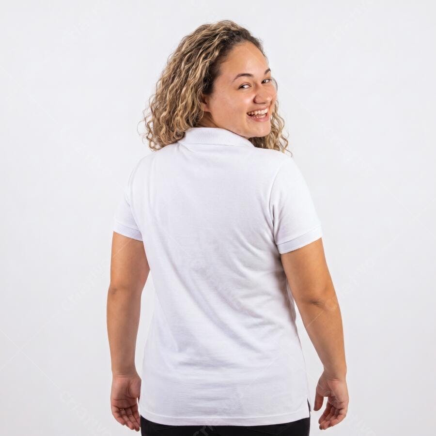 Foto Mulher Jovem Sorrindo Camisa Polo Branca Estúdio