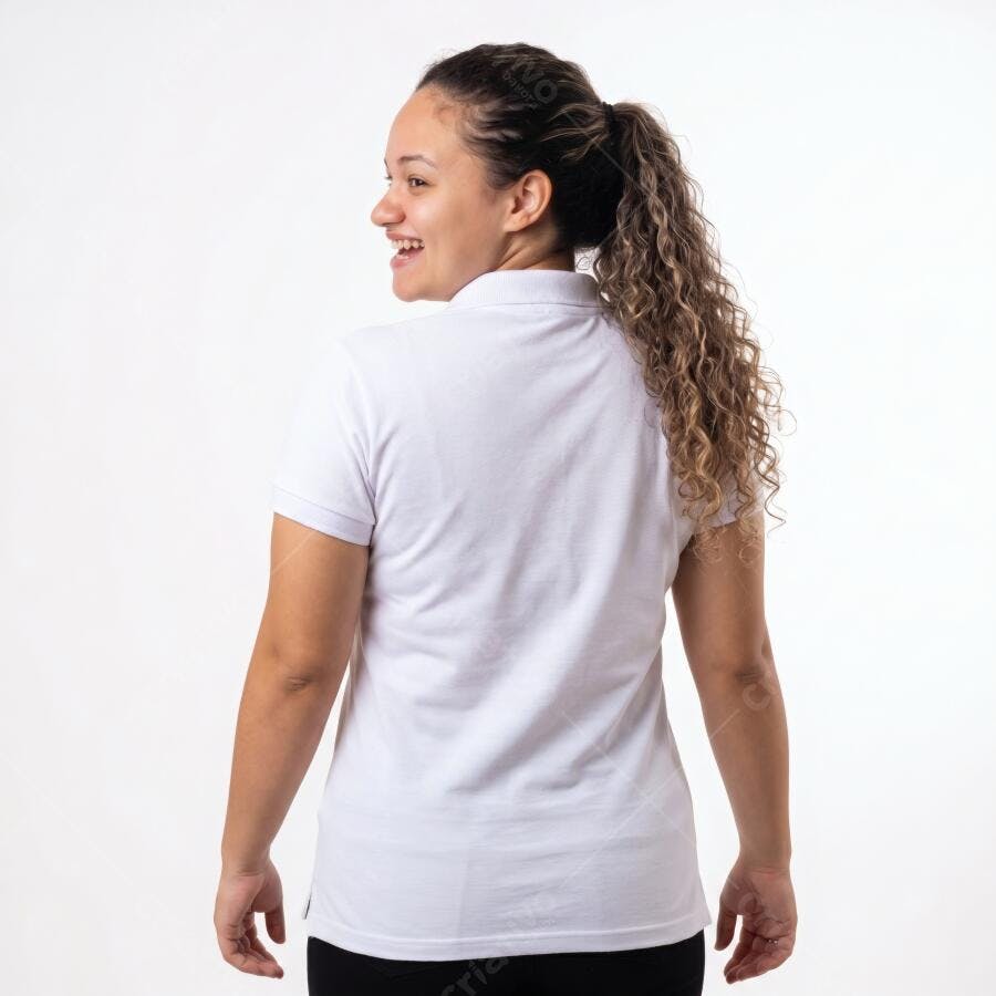 Foto Mulher Jovem Sorrindo Camisa Polo Branca Fundo Branco