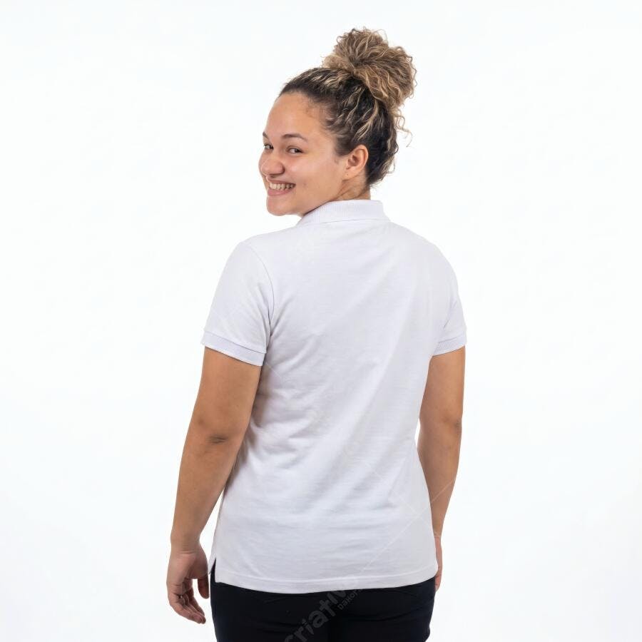 Foto Mulher Jovem Sorrindo Olhando para Trás Fundo Branco Estúdio