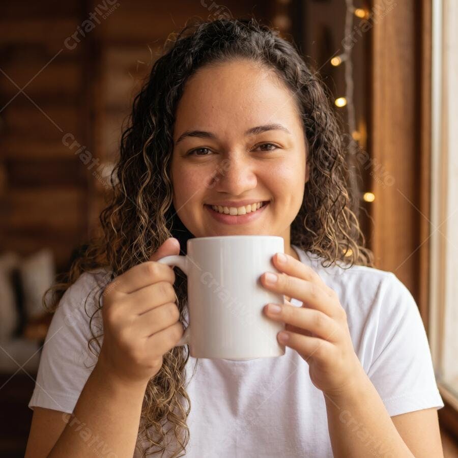 Foto Mulher Jovem Sorrindo Segurando Caneca Branca Lifestyle