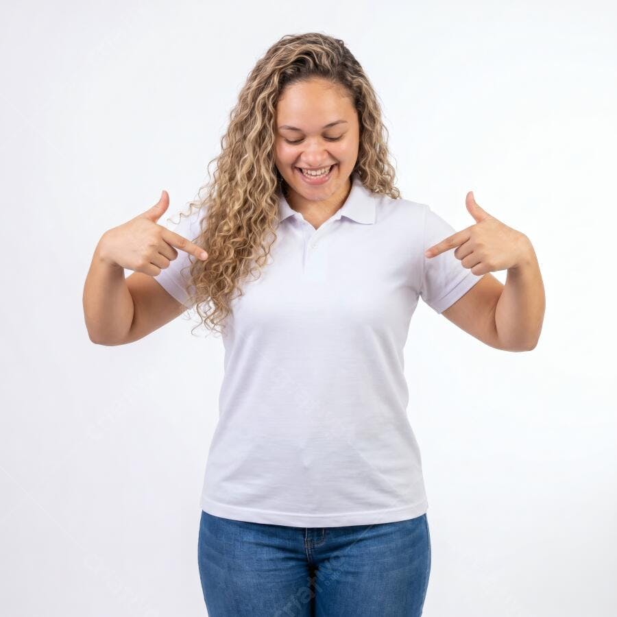 Foto Mulher Sorrindo Apontando Camisa Branca Polo Mockup