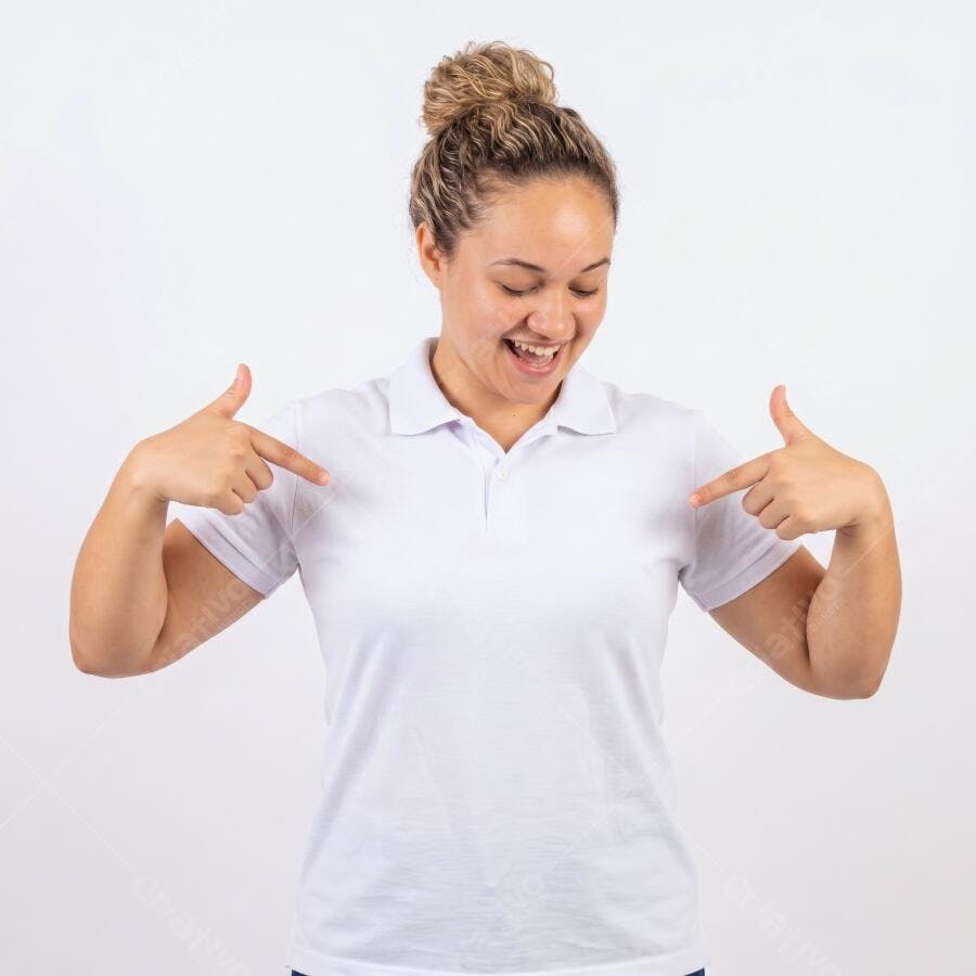 Foto Mulher Sorrindo Apontando Camisa Polo Branca Fundo Neutro