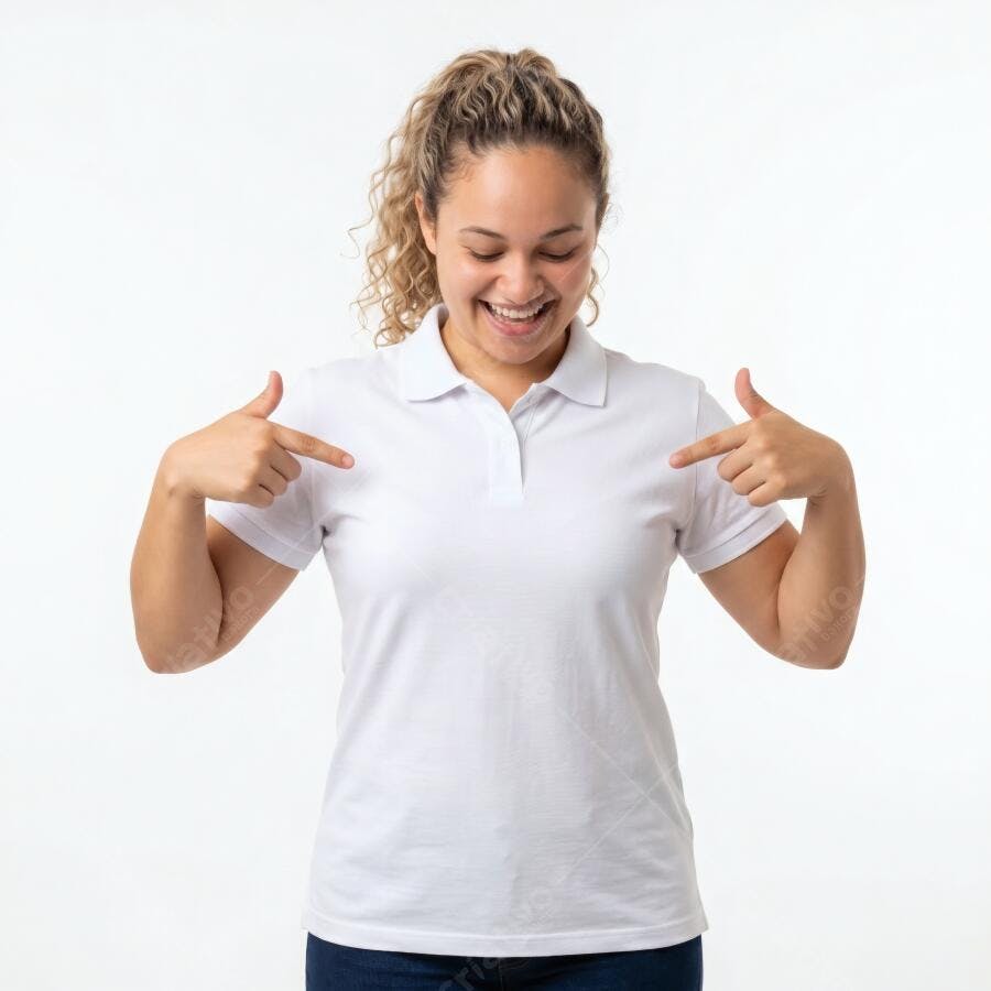 Foto Mulher Sorrindo Apontando Camisa Polo Branca Mockup