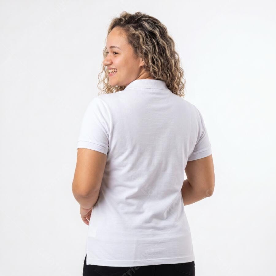 Foto Mulher Sorrindo Camisa Polo Branca Fundo Branco Estúdio