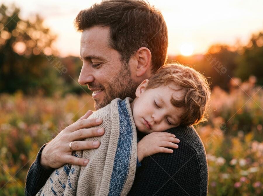 Foto Pai Abraçando Filho Dormindo Campo Pôr do Sol