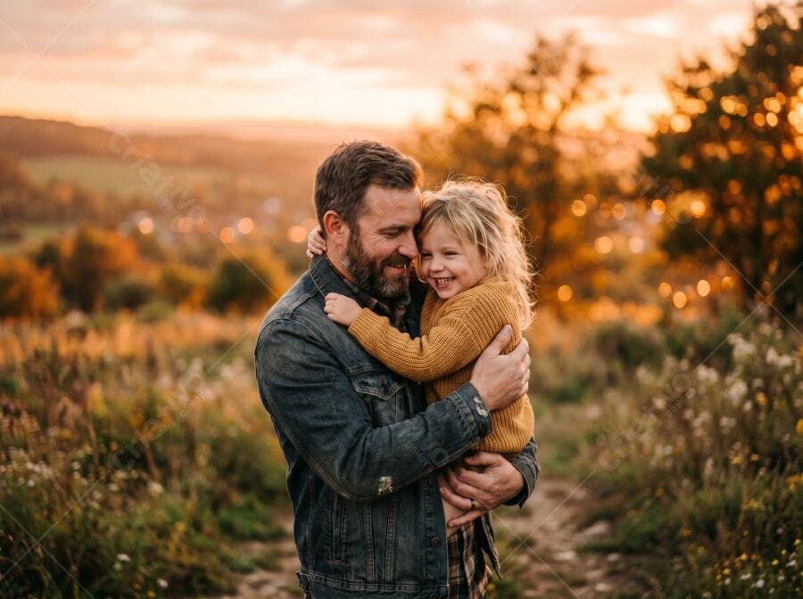 Foto Pai e Filha Abraçados Sorrindo Campo Pôr do Sol