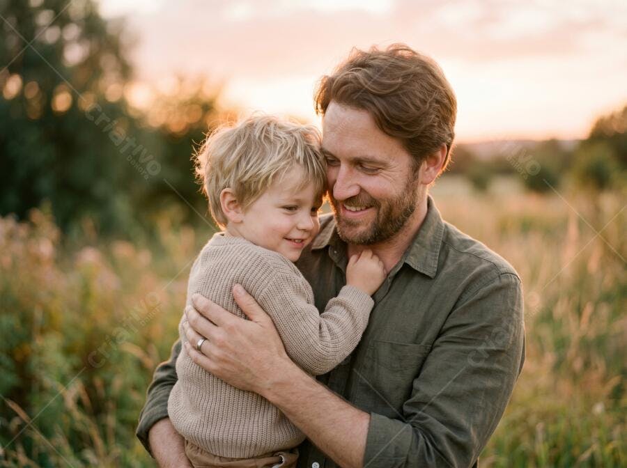 Foto Pai e Filho Abraçados Campo Entardecer Lifestyle