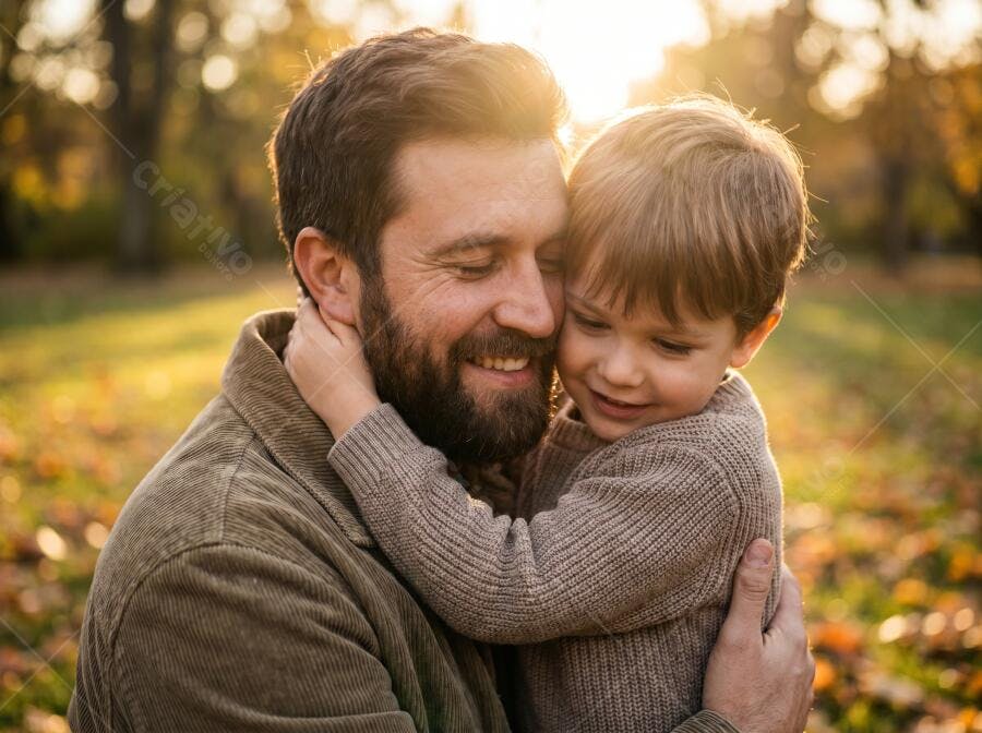 Foto Pai e Filho Abraçados Parque Outono Luz Dourada