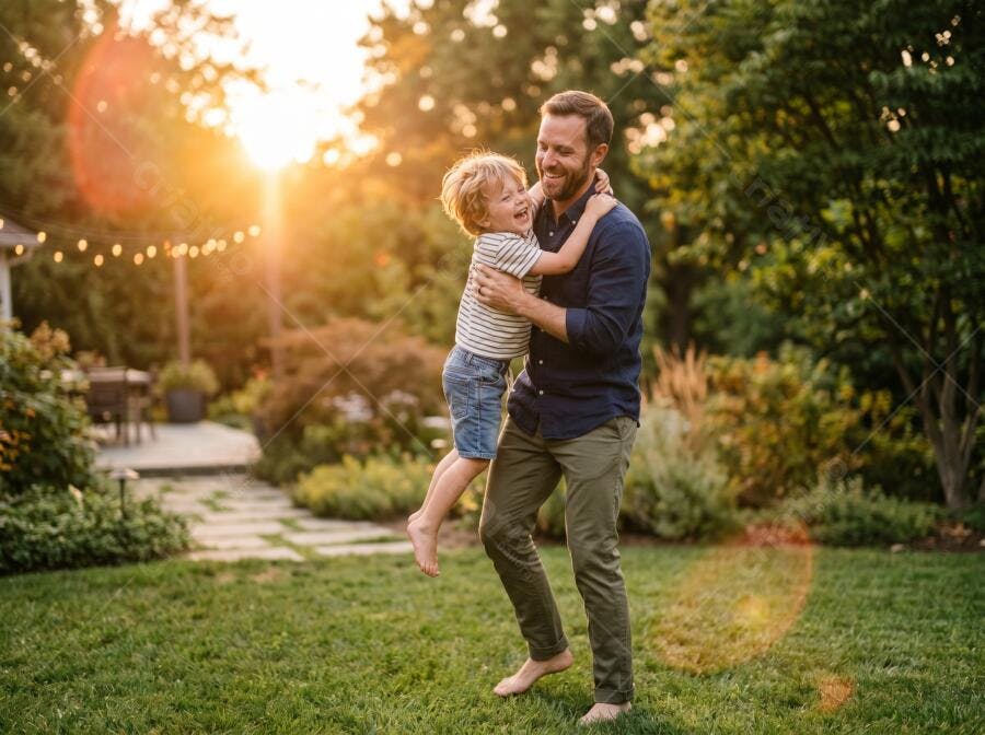 Foto Pai e Filho Brincando Jardim Entardecer Lifestyle