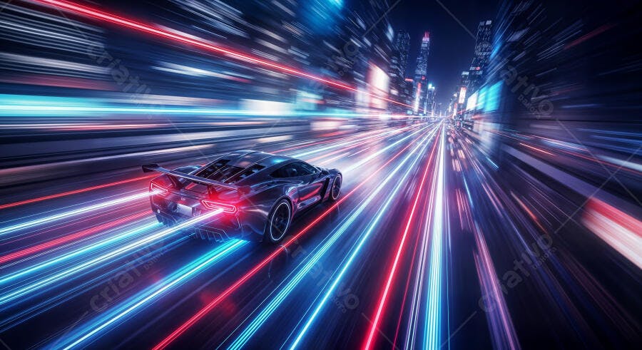 Carro Esportivo Veloz Luzes Neon Cidade Noturna Movimento