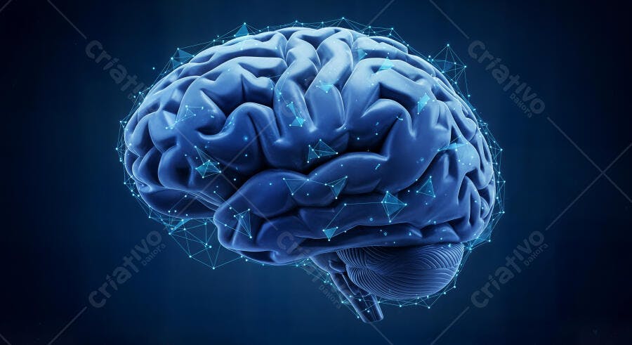 Cérebro Humano Digital com Rede Neural Conectada Fundo Azul