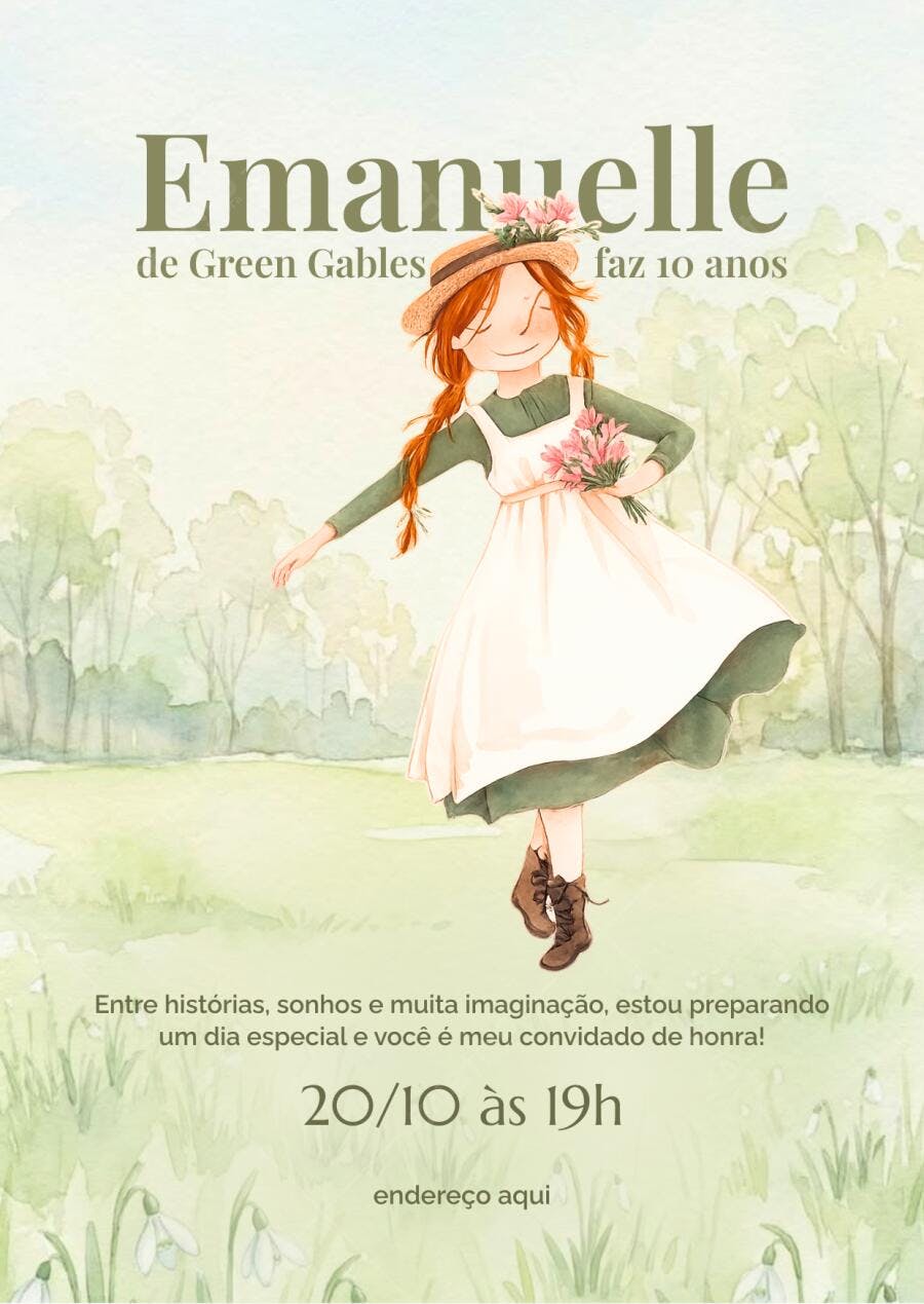 Convite Aniversário Anne de Green Gables 10 Anos Editável