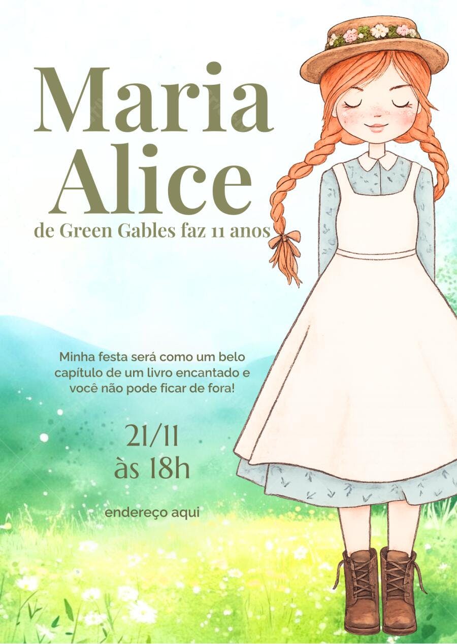 Convite Aniversário Anne de Green Gables 11 Anos Editável