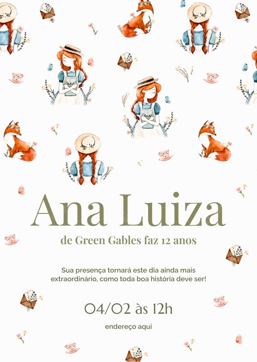 Convite Aniversário Anne de Green Gables 12 Anos Editável