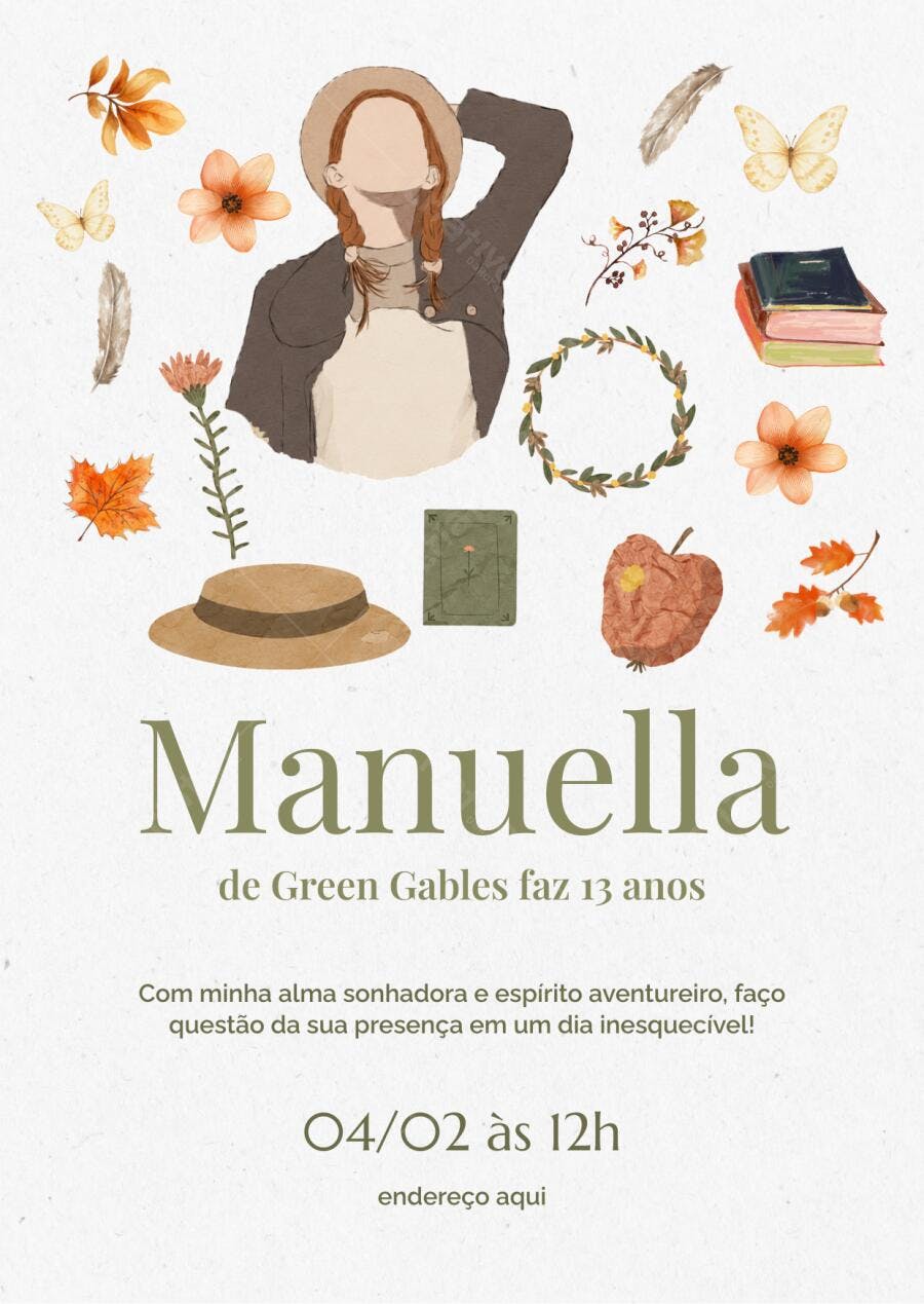 Convite Aniversário Anne de Green Gables 13 Anos Editável