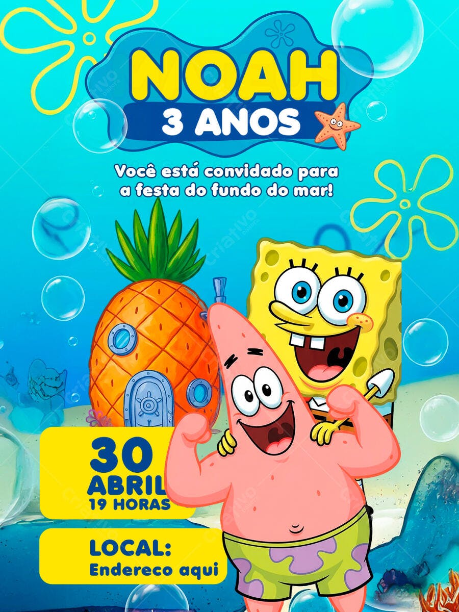 Convite Aniversário Fundo do Mar Bob Esponja PSD Editável