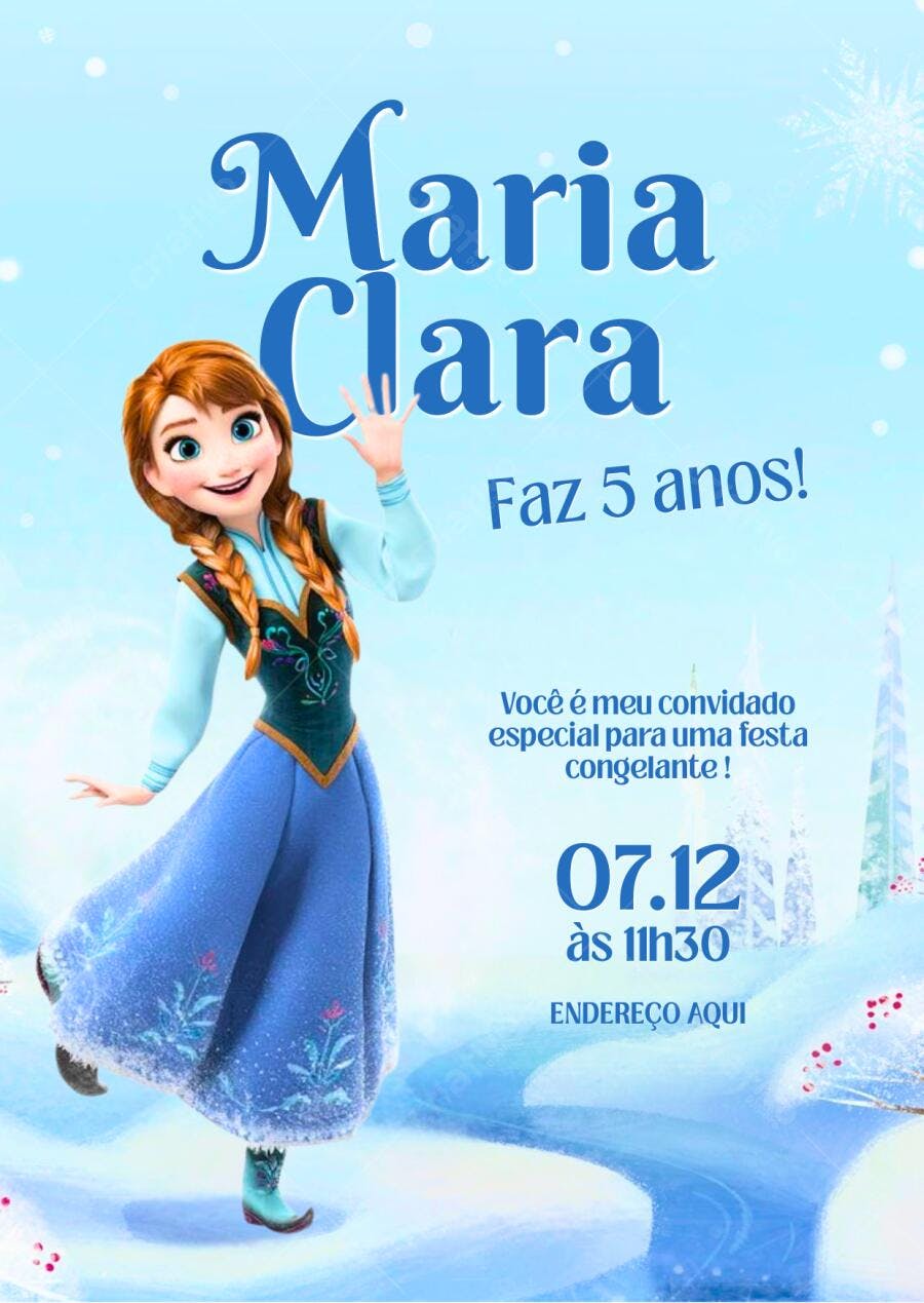 Convite Aniversário Infantil Frozen Anna 5 Anos Editável