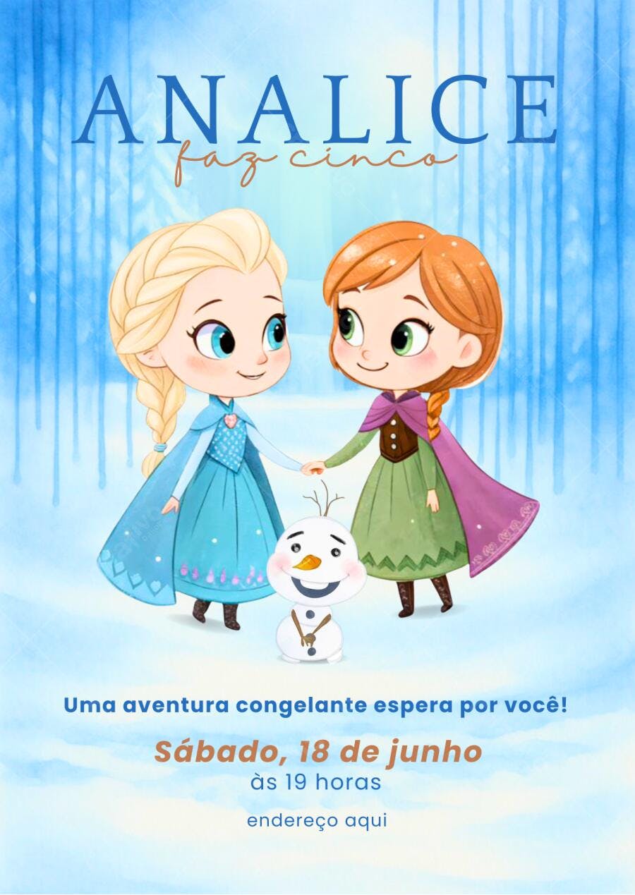 Convite Aniversário Infantil Frozen Elsa Anna 5 Anos Editável