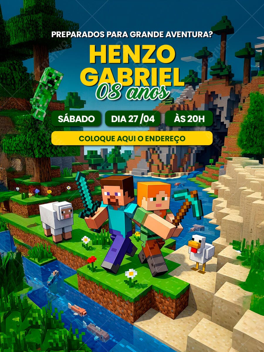 Convite Aniversário Infantil Minecraft PSD Editável