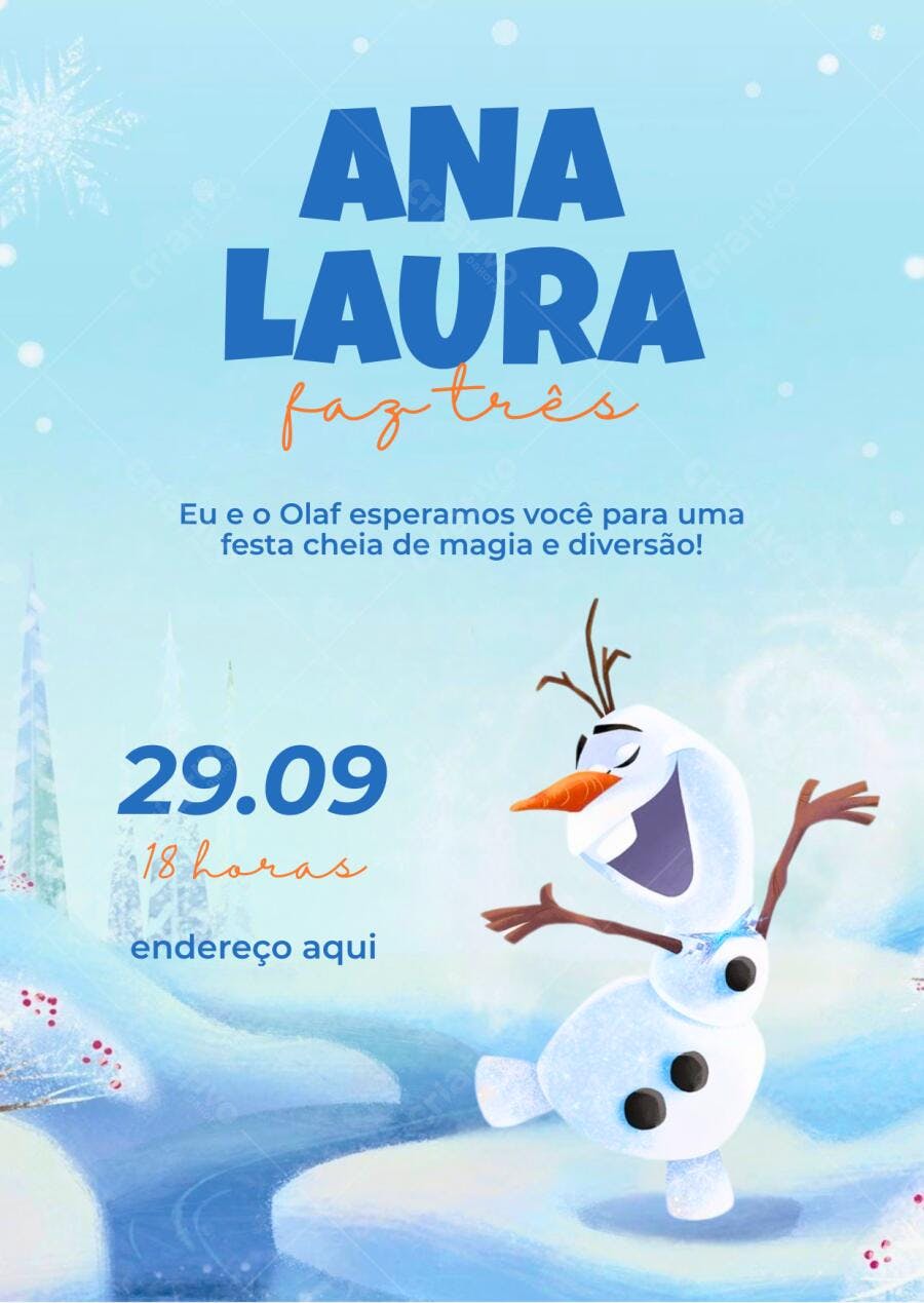 Convite Aniversário Infantil Olaf Frozen 3 Anos Editável