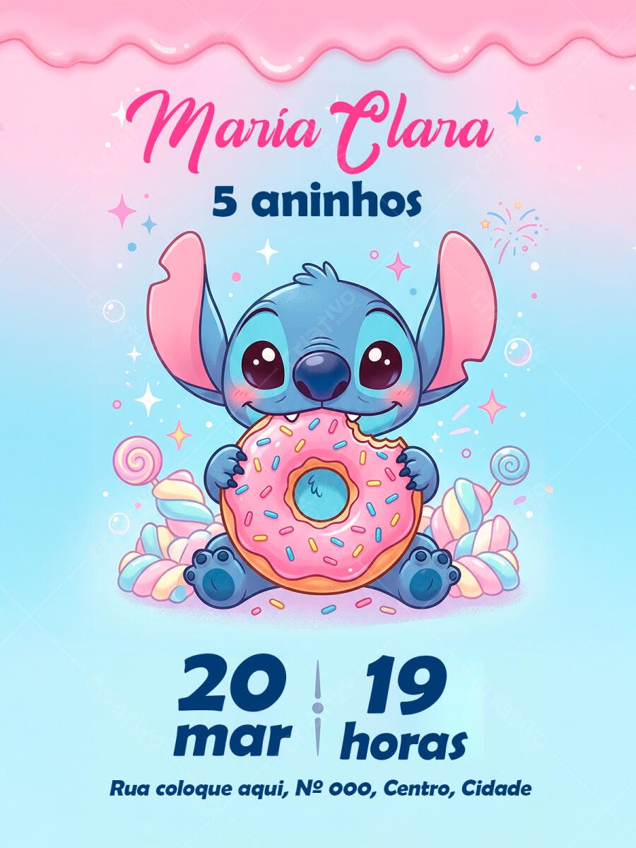 Convite Aniversário Infantil Stitch 5 Aninhos PSD Editável