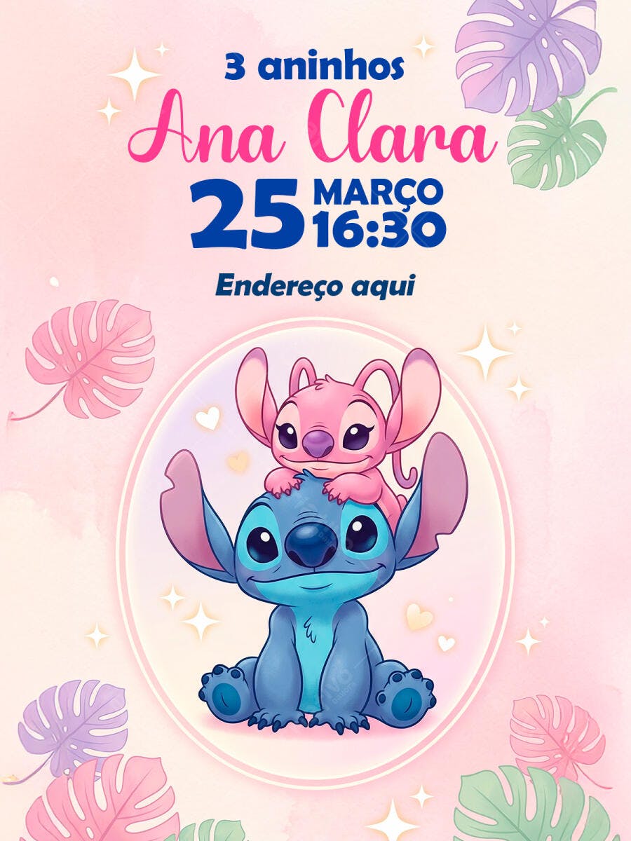 Convite Aniversário Infantil Stitch Angel PSD Editável