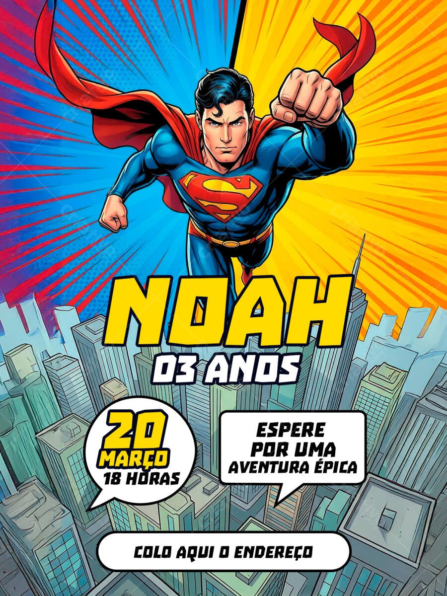 Convite Aniversário Infantil Super-Herói Superman PSD Editável