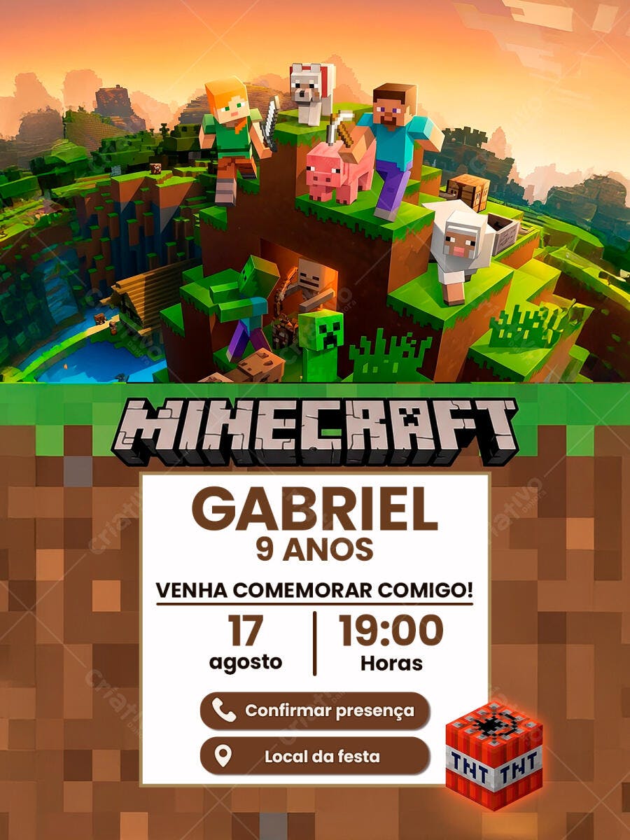 Convite Aniversário Minecraft Infantil PSD Editável