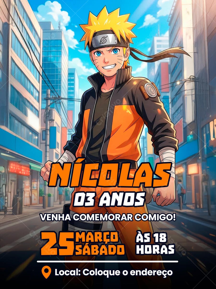 Convite Aniversário Naruto Infantil PSD Editável