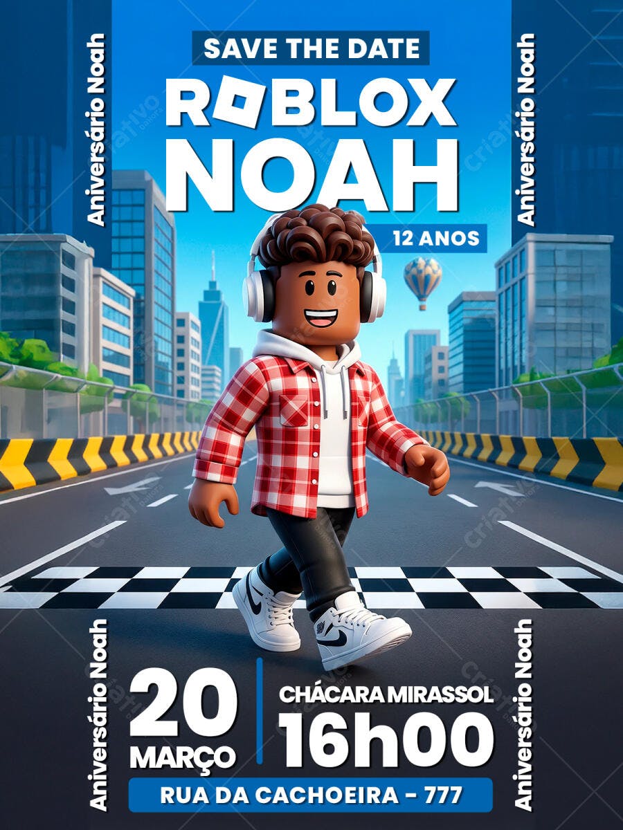 Convite Aniversário Roblox Noah 12 Anos PSD Editável