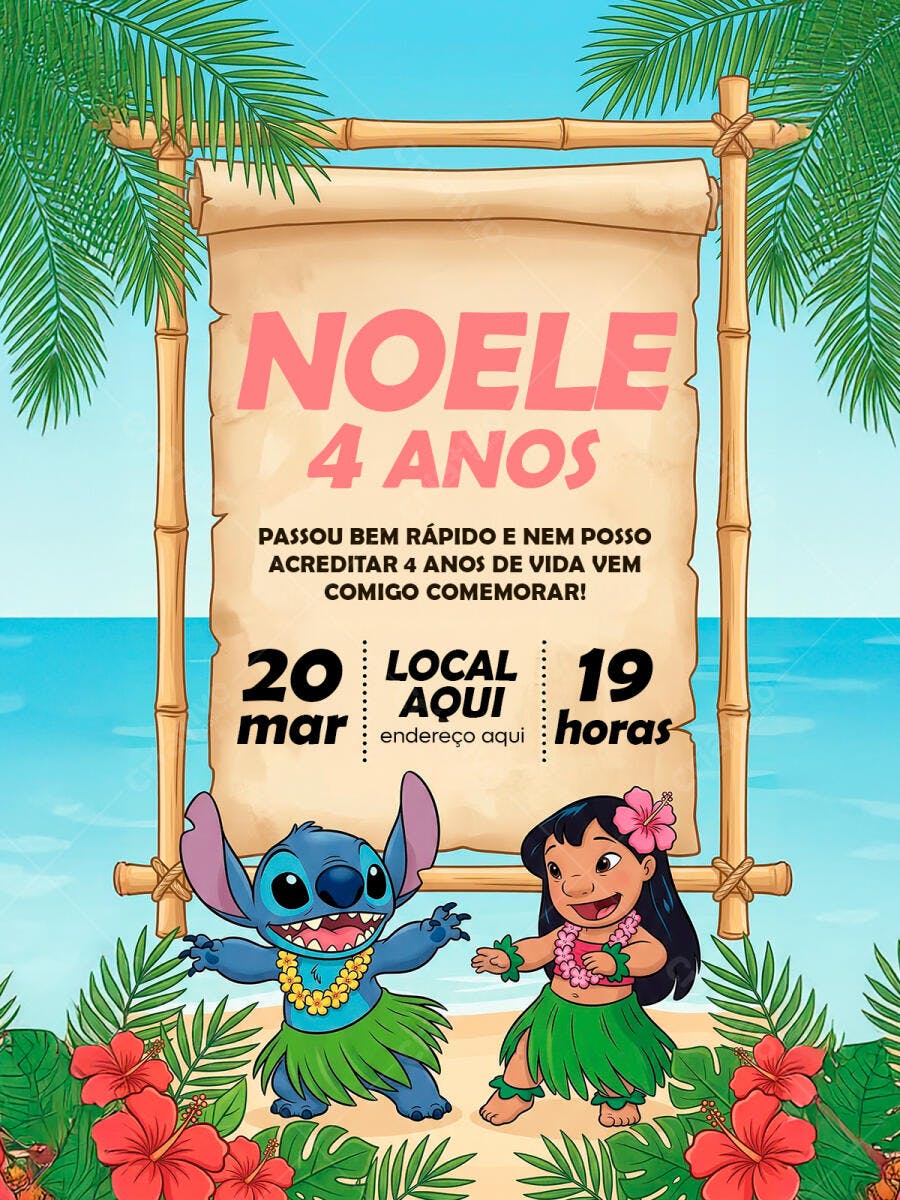 Convite Aniversário Stitch Lilo Havaiano PSD Editável