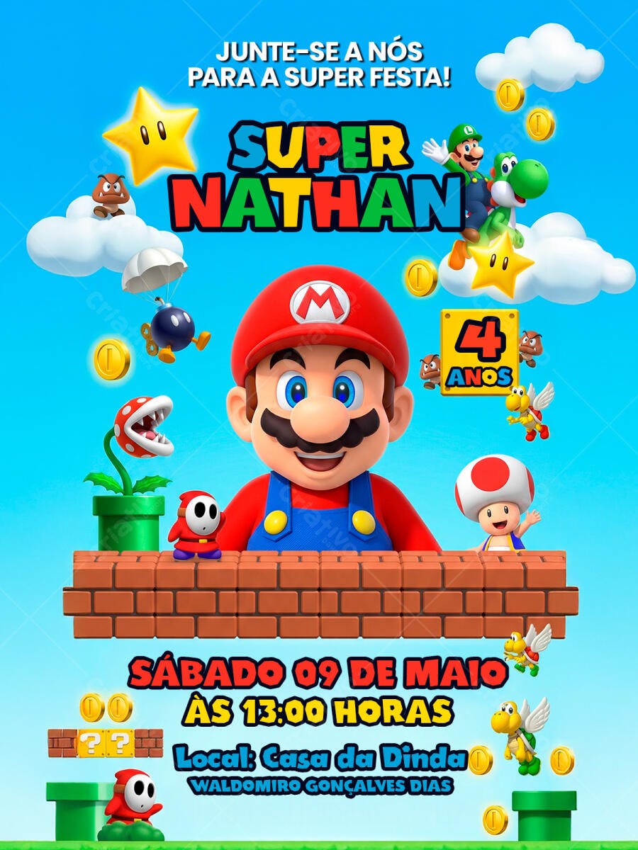 Convite Aniversário Super Mario Bros 4 Anos PSD Editável